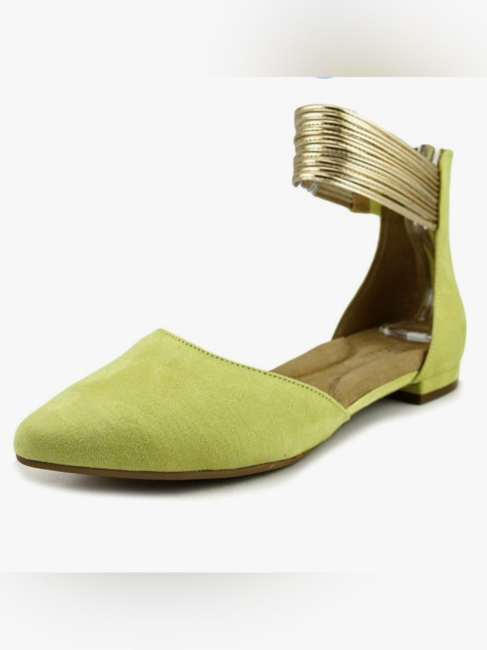 AEROSOLES Girl Talk Ballet Flats in Lime Green with Metallic Gold Ankle Straps